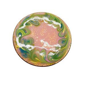 Handmade Pink Green Swirl Pattern Enamel Over Copper Pin Brooch 1.5" Diameter